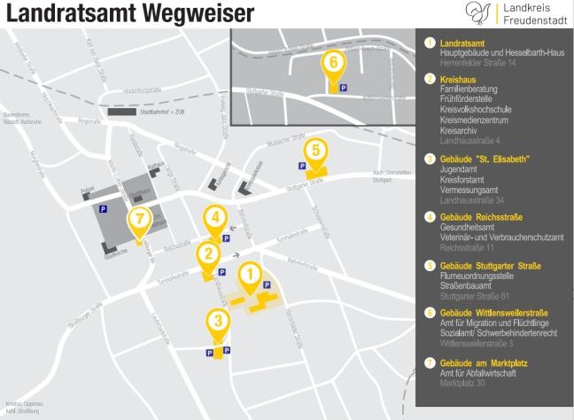Karte mit Anzeige der verschiedenen Standorte in Freudenstadt